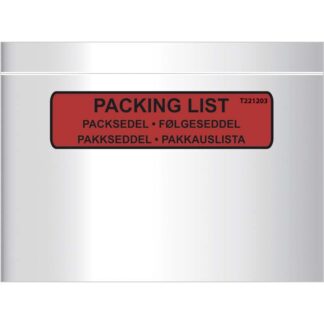 Følgeseddellommer, C6, 175 x 140 mm, transparent, red-black printed Packing list, LD-PE, karton a 1000 stk