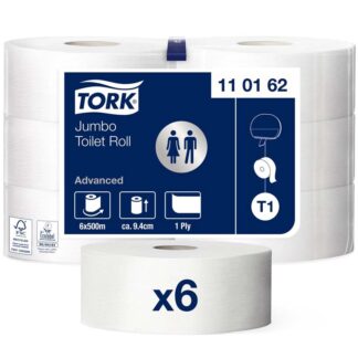 Toiletpapir Jumbo, Tork, Advanced, Jumbo T1, 1 lag, hvid x 500.00m, kasse a 6 ruller, FSC Recycled Credit