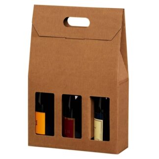 Gaveæske til vin, udvendig dim: 270 x 90, x 410 mm, indre dim: 270 x 90 x 380 mm, 1-lags, B-flute, særligt design, med håndtag, brun, 3 fl., pakke a 20 stk