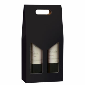 Gaveæske til vin, udvendig dim: 380, x 180 x 90 mm, indre dim: 180 x 90, x 380 mm, 1-lags, B-flute, særligt design, med håndtag, sort, 2 flasker, pakke a 20 stk