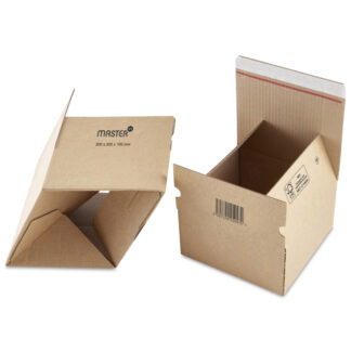 Postæske, udvendig dim: 436 x 316 x 215 mm, indre dim: 430 x 310 x 200 mm, 1-lags, 1.31, B-flute, 3.000 mm, svarer til FEFCO 0713, m/Automatbund, selvklæbende lukning, afrivnin, Brun, Lille master-log
