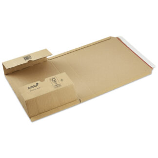 Bogomslag, udvendig dim: 262 x 159 x 58 mm, indre dim: 217 x 155 x 10 - 50 mm, 1-lags 1.02, B-flute, 3.000 mm, FEFCO n/a, selvklæbende lukning, afrivnin, Brun, Lille master-logo, A5, Maks. belastning