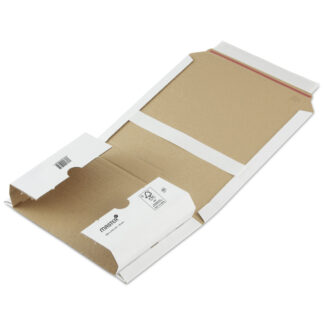 Bogomslag, udvendig dim: 370 x 251 x 83 mm, indre dim: 325 x 250 x 20 - 75 mm, 1-lags 1.20, B-flute, 3.000 mm, FEFCO n/a, selvklæbende lukning, afrivnin, hvid, Lille master-logo, A4/LL, Maks. belastni