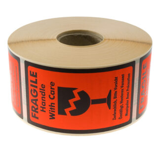 Etiketter, Fragile, Handle with care, 70x120mm, orange, rulle a 1000 etiketter