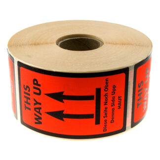 Etiketter, Firkantet, Udvendig vikling, 120.00 x 70.00 mm, kraft/PE, Permanent, orange, Trykt THIS WAY UP, rulle a 250 etiketter
