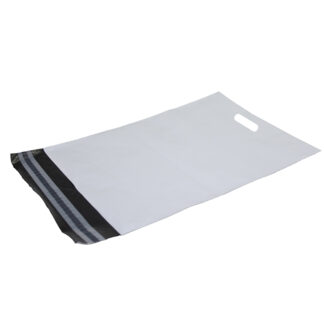 Coex Forsendelsespose, 50 µm, 400 x 600 mm, genanvendt LDPE, sort/hvid, permanent tape lukning, med håndtag, pakke a 100 stk