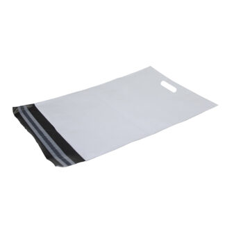 Coex Forsendelsespose, 50 µm, 340 x 490 mm, genanvendt LDPE, sort/hvid, permanent tape lukning, med håndtag, pakke a 100 stk