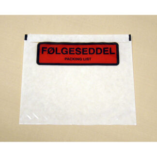Følgeseddellommer, C7, 130 x 130 mm, transparent, red-black printed Packing list, LD-PE, karton a 1000 stk