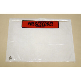 Følgeseddellommer, LD, 235 x 130 mm, transparent, red-black printed Packing list, genanvendt LDPE, karton a 1000 stk (varenr 698144)