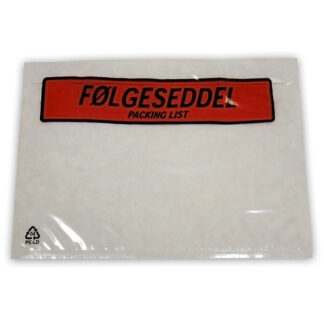 Følgeseddellommer, C6, 175 x 130 mm, transparent, red-black printed Packing list, genanvendt LDPE, karton a 1000 stk